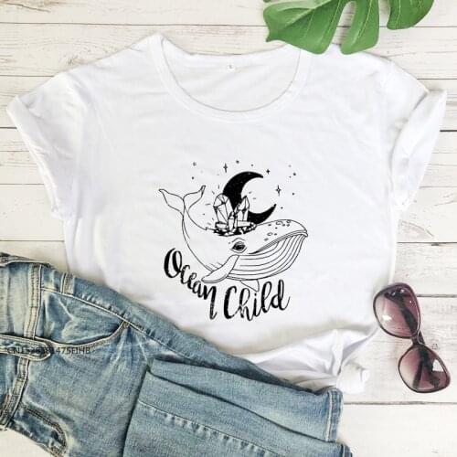 Ocean Child Whale Crystal Moon T-Shirt Aesthetic Summer Graphic Tee Shirt Top Fashion Women Hipster Witchy Tshirt COTTON Fabric