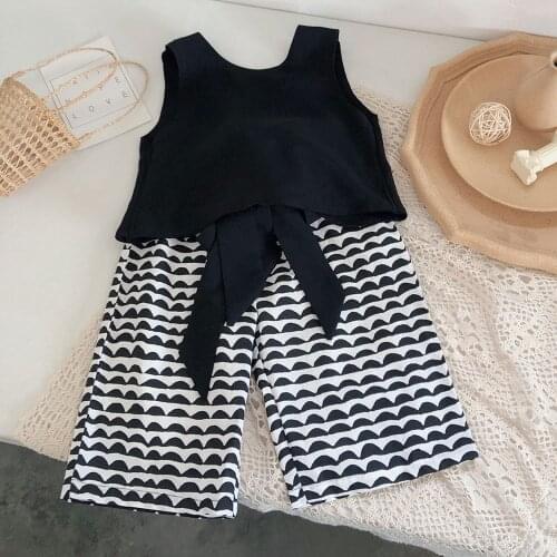 Hollead Girls Clothes Sets 2Pcs Sleeveless Casual Bow Tie Top+Loose Straight Pant Outfits Girls Children Summer Suit 2-8 Years