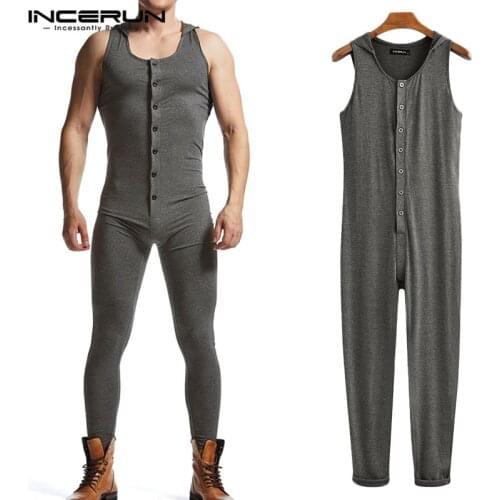 INCERUN Men Jumpsuit Homewear Solid Sleeveless Hooded Casual Bodybuilding Fitness Rompers Fashion Button Pajamas Overalls S-5XL