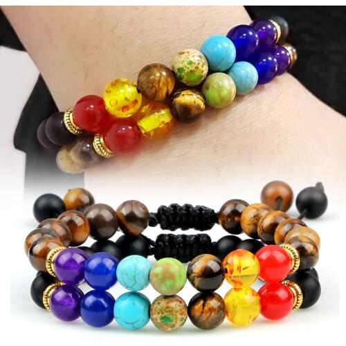 2pcs 7 Chakra Beaded Bracelet Men Tiger Eye Natural Lava Rock Stone Reiki Bracelets Buddha Healing Balance Women Prayer Jewelry