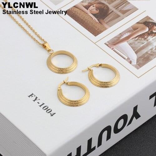 Gold Color Stainless Steel Set Jewelry For Women Luxury Fashion Earrings Necklace Lady Wedding Jewelery