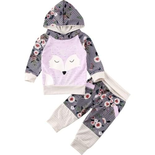 Baby 0-24 Months Toddler Baby Girl Clothes Set Suit Print Animal Hooded Top Shirt peony flower Print Cotton Outfits