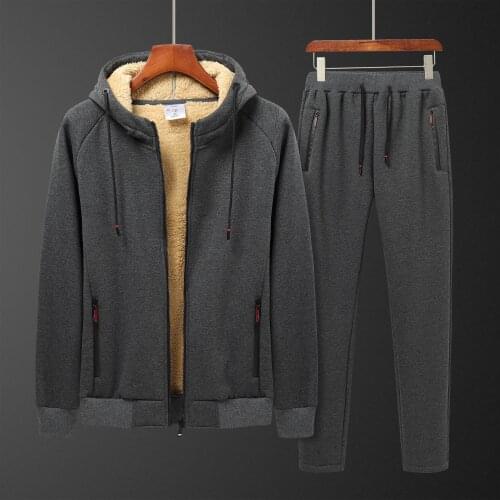 Lamb Men Set Warm Thick Hooded Jacket+Pants 2PC Sets Men cashmere Hoodies Zipper Tracksuit Man Sports Suit Plus size 6XL