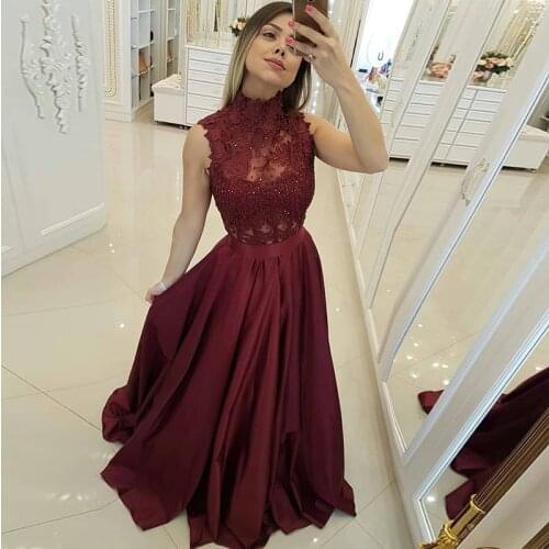 Appliques Lace Beading Burgundy Prom Dresses Long 2019 High Neck Floor Length A Line Evening Dress Vestido De Festa Longo