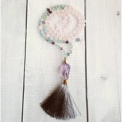 Lii Ji Matte Rose Quartz Aquamarine Fluorite Amethyst Tassel Bohemia Long Handmade Necklace Necklace Drop Shipping