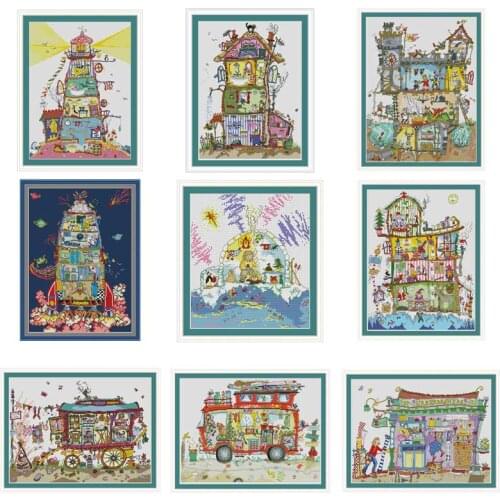 Lighthouse Christmas house cartoon counted 11CT 14CT 18CT Cross Stitch Set DIY Cross-stitch Kit Embroidery Needlework Home Decor