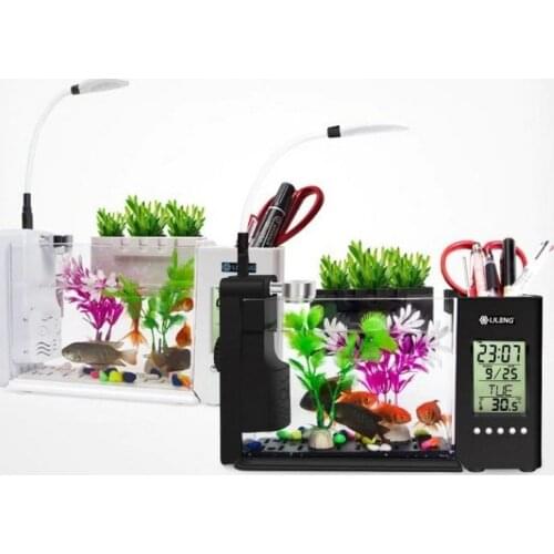 Mini Plastic Fish Tank Aquarium LED Lighting USB Betta Fish Tanks with Pen Holder LCD Display Screen and Clock Acquario