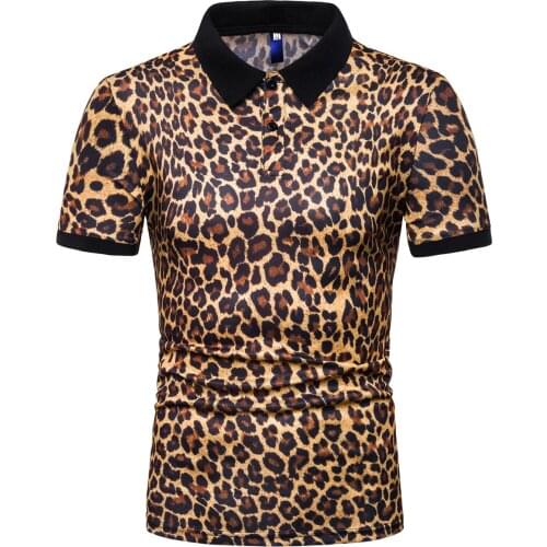 Mens Fashion Short Sleeve Leopard Print Polo Shirts, Casual Leopard Print Large Siz Polo Shirt Tops