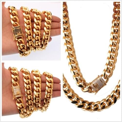 15mm Mens Jewelry Cuban Miami Link Necklace Stainless Steel Rhinestone Clasp Lced Out Gold Hip Hop Casting Chain Bracelet 7-40"