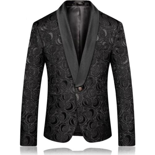2020 Mens Fashion Black Jacquard Rose Blazer Slim Fit Suit Jacket