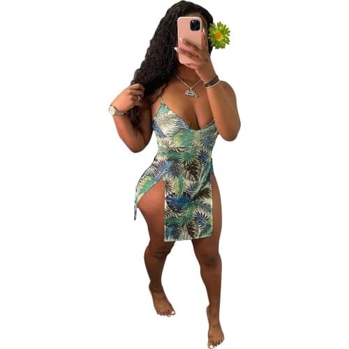 Birthday Outfits For Women Dresses Summer 2021 New Arrival Colorful Leaf Printed Side Slit Evening Party Mini Dress Wholesale