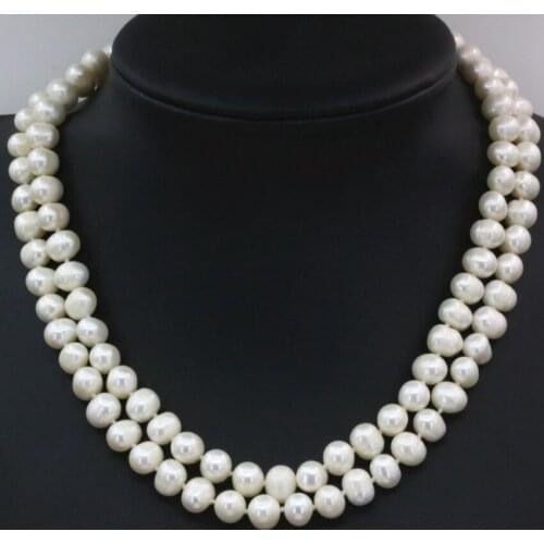 Natural white freshwater cultured 8-9mm pearl beads necklace for women 2 rows chain hot sale gifts choker jewelry 18inch B3229