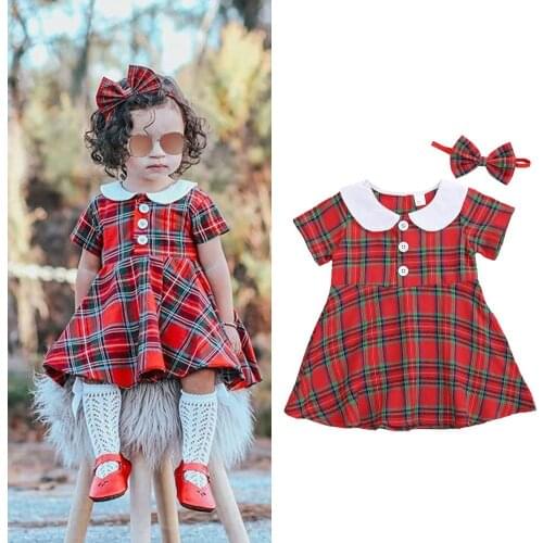 FOCUSNORM Christmas Baby Girls Dress Headband 2pcs Plaid Print Peter Pan Collar Front Button A-Line Dress