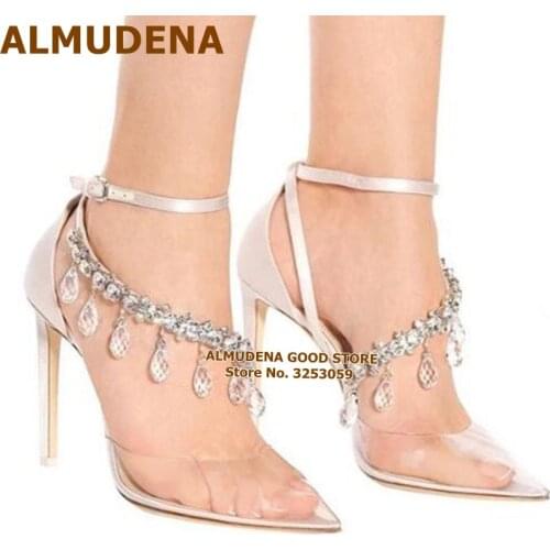 ALMUDENA Transparent PVC High Heels Glitter Crystal Beaded Wedding Shoes Bling Bling Fringe Gem Embellished Banquet Pumps Heels