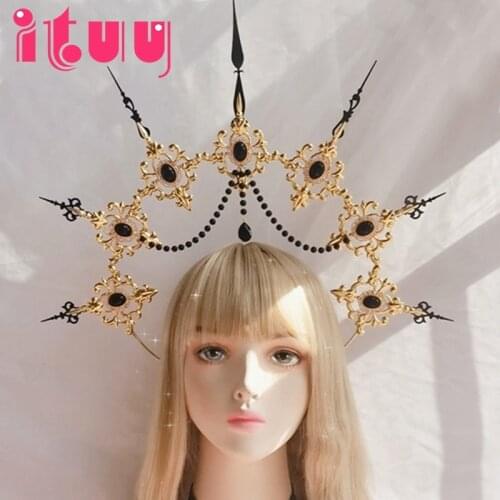 Handmade Dark Retro Gothic Virgin Mary Aura Goddess Sun KC Halo Cross Lolita Headwear Vintage Baroque Tiara Hair Accessories