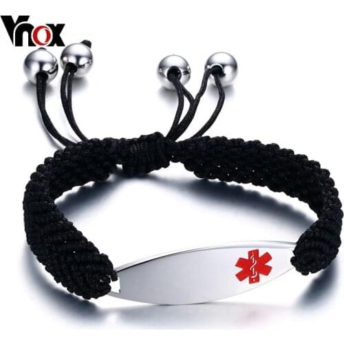 Vnox Free Engraving Medical Bracelets ID for Women Stainless Steel Emergency Alert Jewelry Braided Chain Adjustable Length