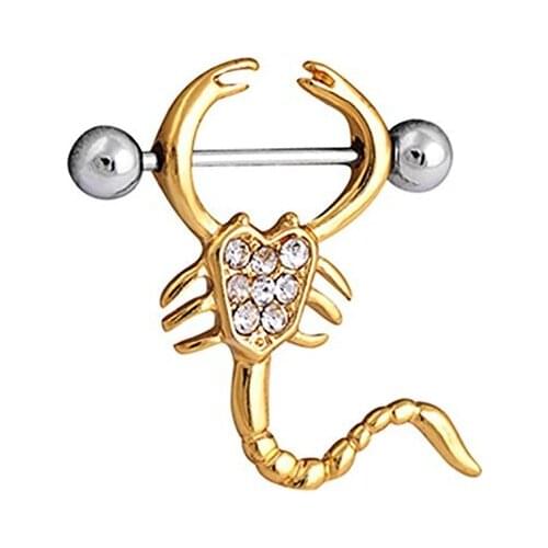 Body Jewelry Cute Stainless Steel Straight Bar Shield Clear Rhinestones Scorpion Nipple Rings for Women