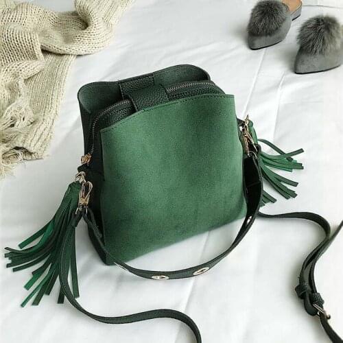 2021 New Fashion Scrub Women Bucket Bag Vintage Tassel Messenger Bag High Quality Retro Shoulder Bag Simple Crossbody Bag Tote