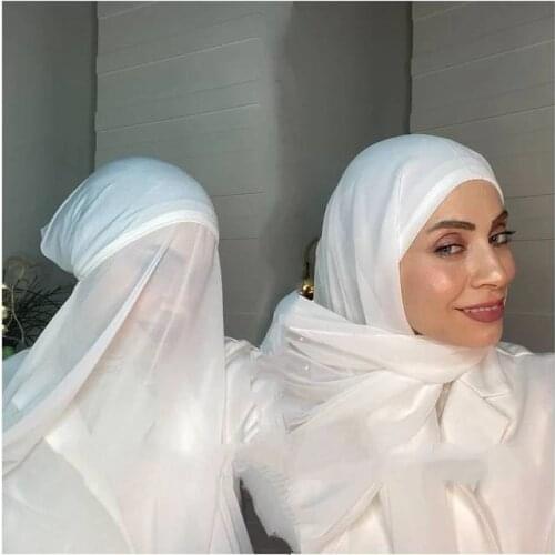 Women Jersey Bonnet + Chiffon Shawl Head Scarf Underscarf Cap Islam Inner Scarf Headband Stretch Hijab Cover Headwrap Turbante