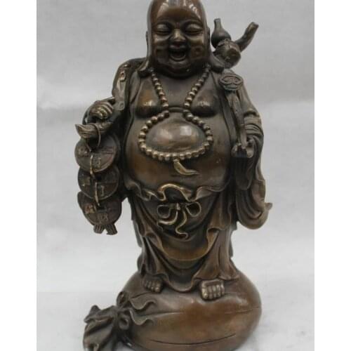 12"China Buddhism Bronze Happy Laugh Maitreya Buddha Ruyi money Bag Statue