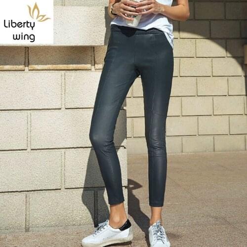 New Women Sexy Genuine Pencil High Waist Push Up Skinny Trousers Office Lady Slim Fit Sheepskin Leather Pants