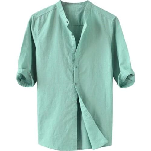 Chemise Homme Mens Shirt Summer Tops Blouse Cotton Linen Thin Breathable Solid Color Button Loose Shirts Clothing Hemden Herren