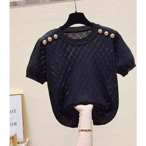 Button Black Knitted Women T-Shirts Summer New 2021 O-Neck Solid Short-Sleeved Casual All Match Female Pulls Tops Tees