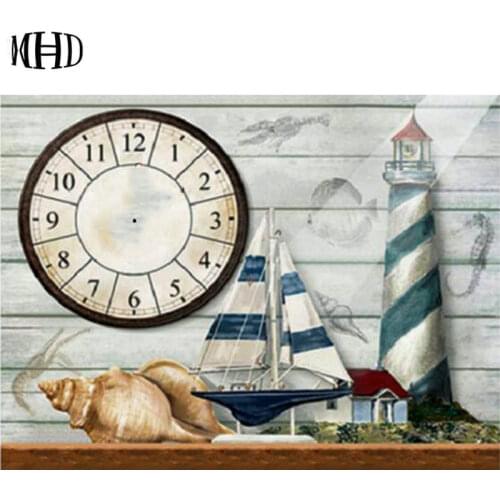 DIY Diamond Painting Boat Pattern Wall Clock Diamond Embroidery Full & Round 3D Cross Stitch Crystal Picture Home Decor Clock