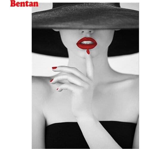 DIY 5D Diamond Painting Girl Black White Art Red Lips Full square round Rhinestone Pictures Diamond Embroidery Cross Stitch