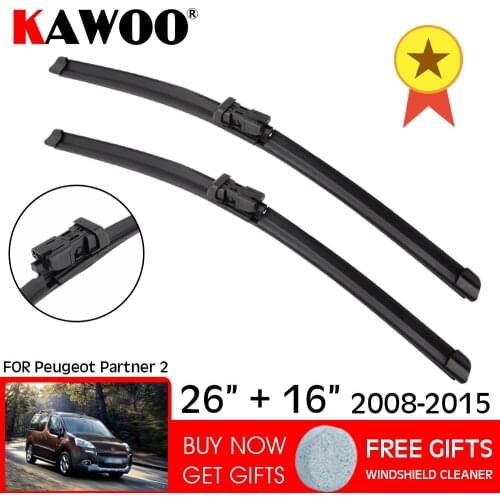 KAWOO For Peugeot Partner 2 26"16" Auto Natural Rubber Wipers Blade 2015 2014 2013 2012 2011 2010 2009 2008 Fit Push Button Arm
