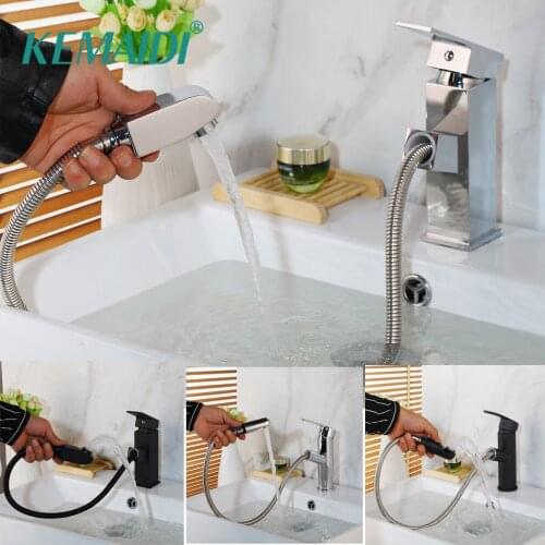 KEMAIDI Deck Mounted Pull Out Bathroom Faucet Hot and Cold Water Mixer Crane Single Hole Pull Down Kitchen Sink Water Tap