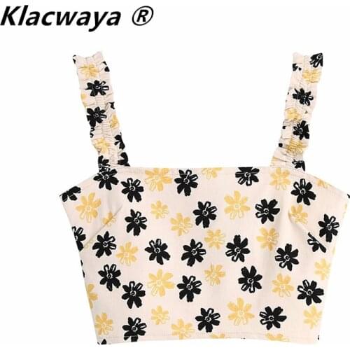 Klacwaya Women Fashion Floral Print Short Sling Smock Blouse Chic Lady Back Elastic Shirt Roupas Femininas Summer Crop Tops