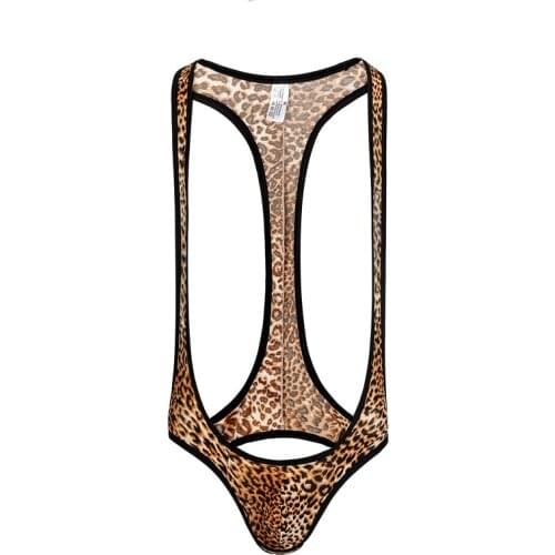 Man Jumpsuit Wresting Shapper New Sexy Men Onesies Leopard Sexy Pajamas Mesh Breathable Bodysuit