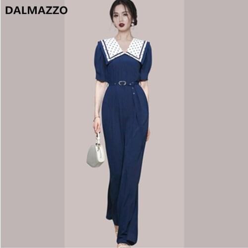 DALMAZZO 2021 Summer Designer Women Fashion Simple Elegant Jumpsuit Female High Waist Loose Wide-Leg Rompers Long Pant With Belt