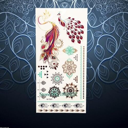 Fashion Peacock Feather Gold Temporary Tattoo Phoenix Nirvana Design Women Body Arm Flash Tattoo Jewelry Henna Sticker Sunflower