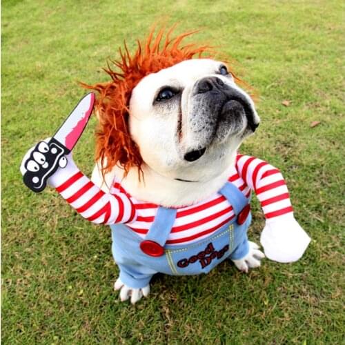 Pet Dog Festival Costume Adjustable Funny Chucky Halloween Christmas Clothes Pet Cat Holding a Knife Cosplay Clothing