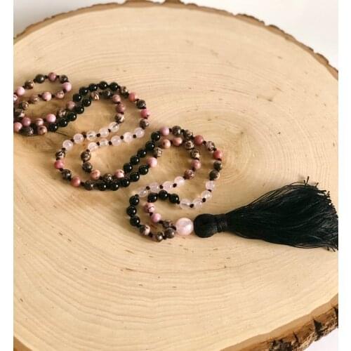 Natural Stone Rhodonite & RoseQuartz & Black Onyx 108 Mala Bead Necklace MeditationYoga Necklace Heart Chakra Necklaces