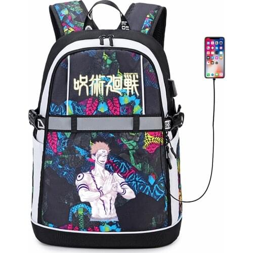 Anime Jujutsu Kaisen USB Backpack Reflective Stripe Student Bookbag Zipper Oxford Cartoon Teenger Knapsack Schoolbag Bag