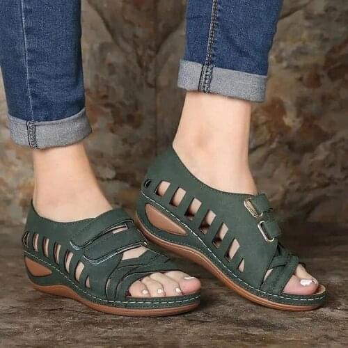 Summer Women Roman Sandals New Ladies Wedge Heel Hollow Velcro Buckle Platform Casual Shoes Female Soft Beach Shoes Large Size