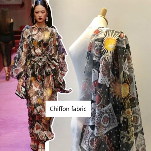 Playing card printed chiffon polyester fabric cloth 146 cm width summer thin see-through shirt dress parent-child fabric