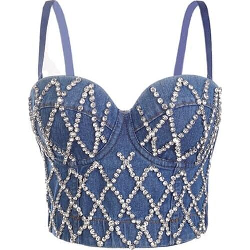 Blue Denim With Plaid Diamonds Sweet Women Push Up Bralette Top Fashion Bra Straps Brassiere Femme Sexy Party Clubwear 2020