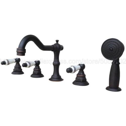 Oil Rubbed Bronze Deck Mounted 5PCS Bathroom Faucet Bathtub Basin Tap Cold Hot Water taps With Three Handles ztf064
