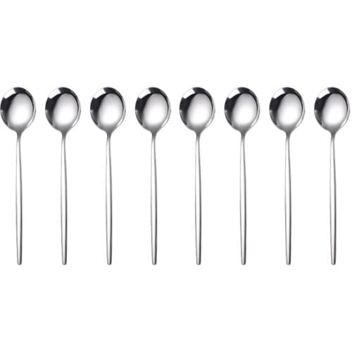 8pcs/set 304 Stainless Steel Coffee Stirring Spoon Round Shape Long Handle Teaspoon Ice Cream Honey Spoon Cutlery Set