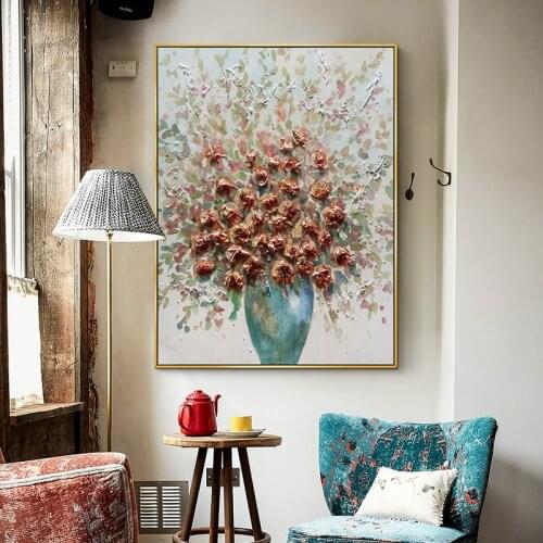 Thick Texture Oil Painting Flower On Canvas Handmade Wall Art Rose Hanging Paintings For Living Room Decoration 3d Hanpainted