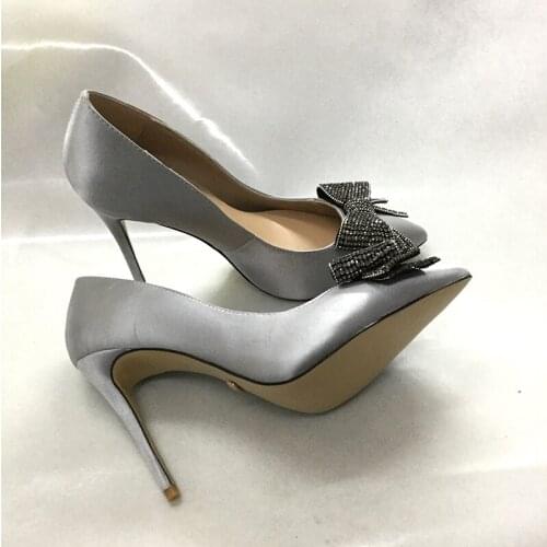 Womens Pointed Toe 10cm High Heels Slip On Thin High Heel Shoes Wedding Office Dress Grey Silk Crystal Bowtie Lady Pumps