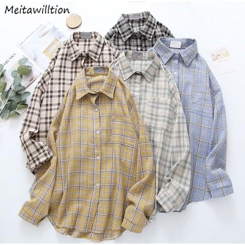 Women Plaid Print Shirt Autumn Loose Blouse Korean Harajuku BF Style Long Sleeve Shirts 2021 Casual Women Tops And Blouses
