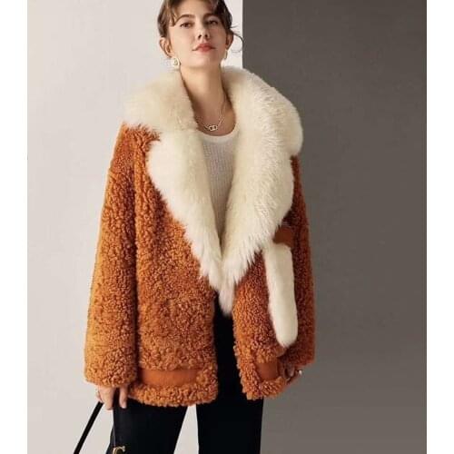 Women Winter Coat Short Jacket Turn-Down Collar Casual Style Natural Real Sheep Fur Oversized Pockets Thick Warm Fn0094