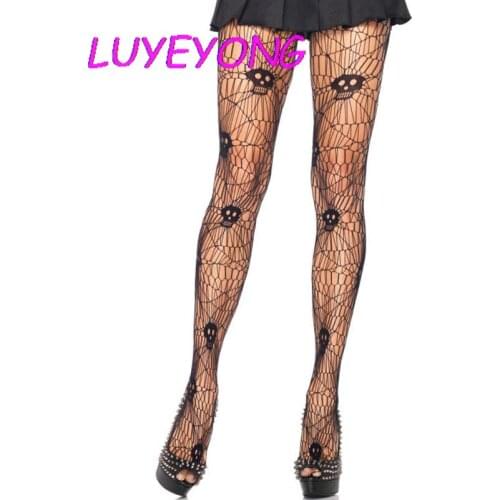 Lady Hollow Out Irregular Nylon Sexy See Through Hole Leggings Cool Rock Streetwear Black Gothic Women Thin Skull Tights 2021