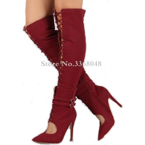 Sexy Pointed Toe Woman Gladiator Boots Buckle Decoration Hollow Out Lace-Up Back Zip Heels Roman Boots Real Photos Knee High