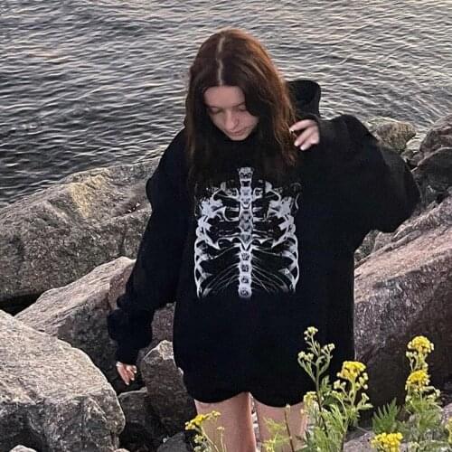 Women Loose Style Hoodies Black Skeleton Printed Pattern Long Sleeve Hooded Pullover